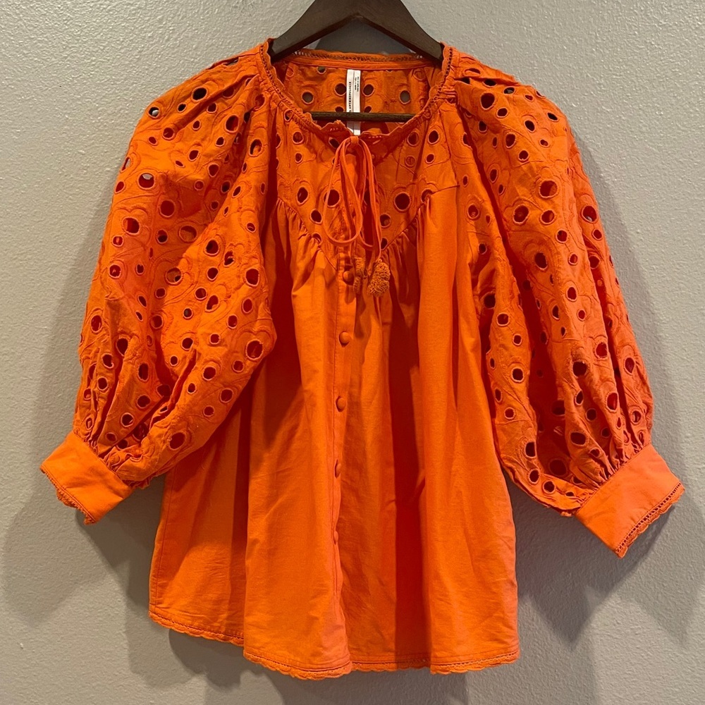 ANTHROPOLOGIE Orange Chantal Puff Sleeve Eyelet Lace Peasant Top Size Small
